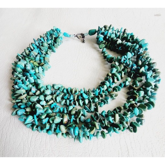 Vintage 925 Sterling Genuine TURQUOISE Chip 8 Strand Necklace Toggle Clasp - Picture 4 of 9